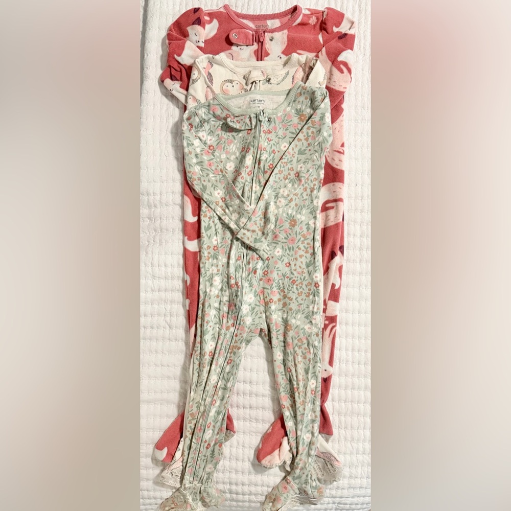 3-Pack Baby Footed Pajamas - Floral Green, Cream, and Coral Fox Prints